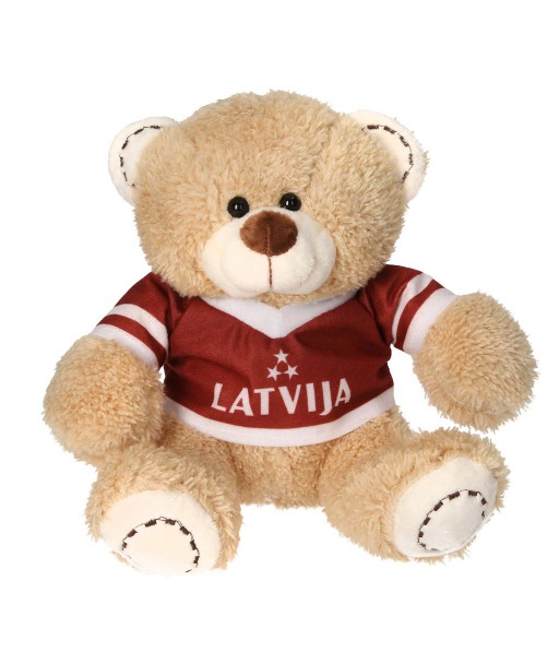 Mīksts plīša lācis ar Latvijas karoga krāsu kreklu